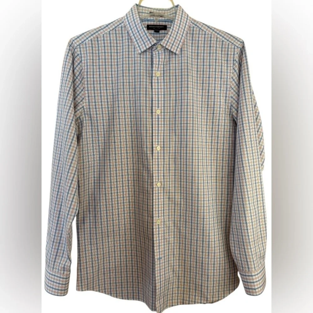 Banana Republic Men's Blue/Orange/White Plaid Shirt Size L